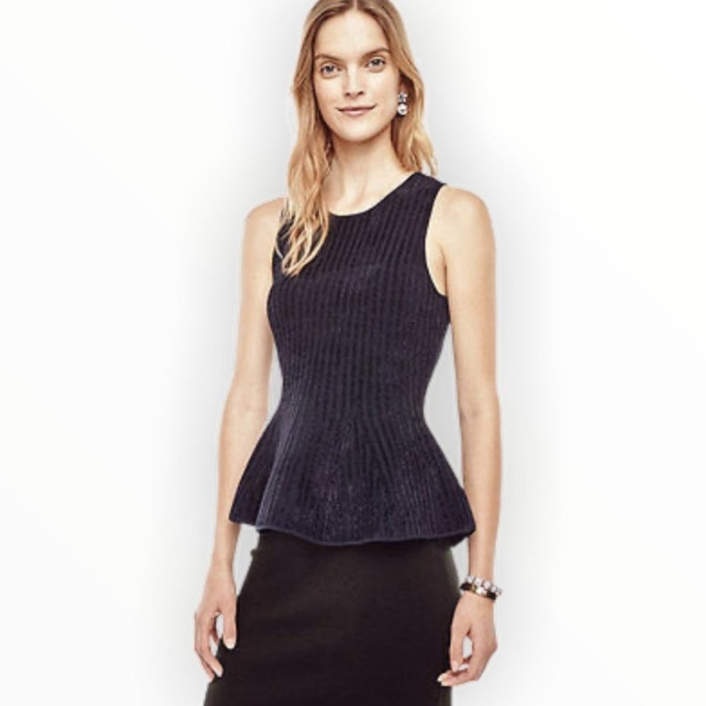 {Ann Taylor} NWT Navy Chenille Striped Peplum Top
